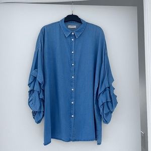 Zara Woman Premium Denim Collection Shirt w/ Ruffle Sleeve, 100% Lyocell, Size L